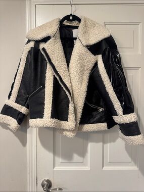 NVLT Black and Cream Faux Shearling Moto Puffer Jacket